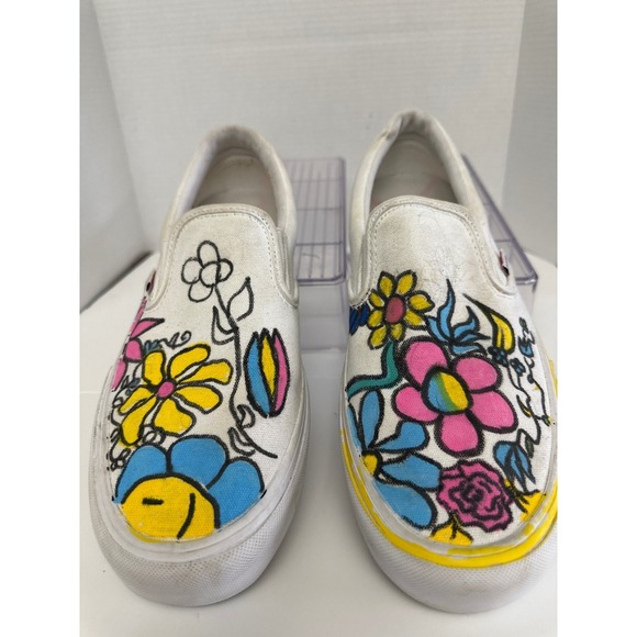 Vans Floral Slip On Sneakers Custom Painted Shoes Casual Skate Mens Size‎ - Picture 4 of 6